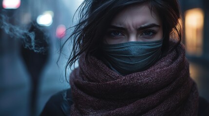 Fototapeta premium Woman wearing a stylish scarf around her neck standing outdoors in a casual setting