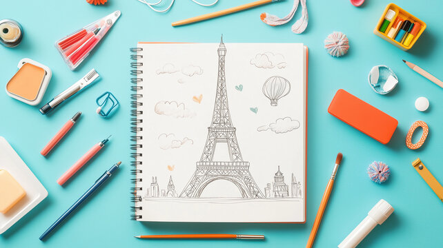 creative workspace featuring sketch of Eiffel Tower surrounded by colorful stationery and art supplies, evoking inspiration and artistic expression