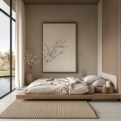 A bedroom with a bed, a vase, and a picture on the wall