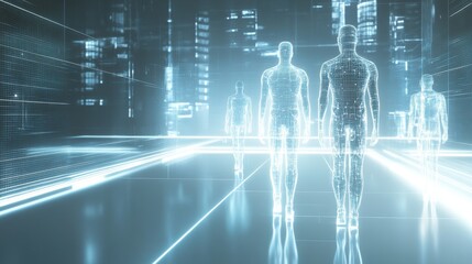 Futuristic digital humans in urban environment.