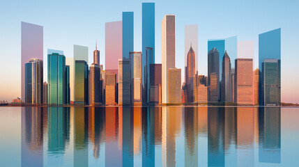 Obraz premium Cityscape Reflection: A breathtaking panoramic view of a modern city skyline reflected in calm water at dawn or dusk, showcasing the architectural diversity and the tranquil beauty of urban life. 