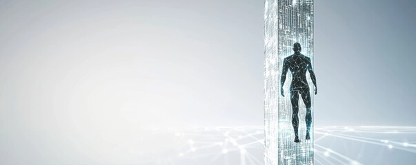Futuristic figure in digital space.