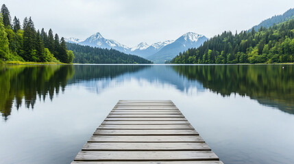 tranquil mountain scenery with lake and pier