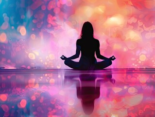 Yoga class template layout. Illustration of a silhouette of a woman in a yoga lotus position. Relaxation, chakras, spiritual meditation art. Yoga art concept design for banner, cover, print, flyer.