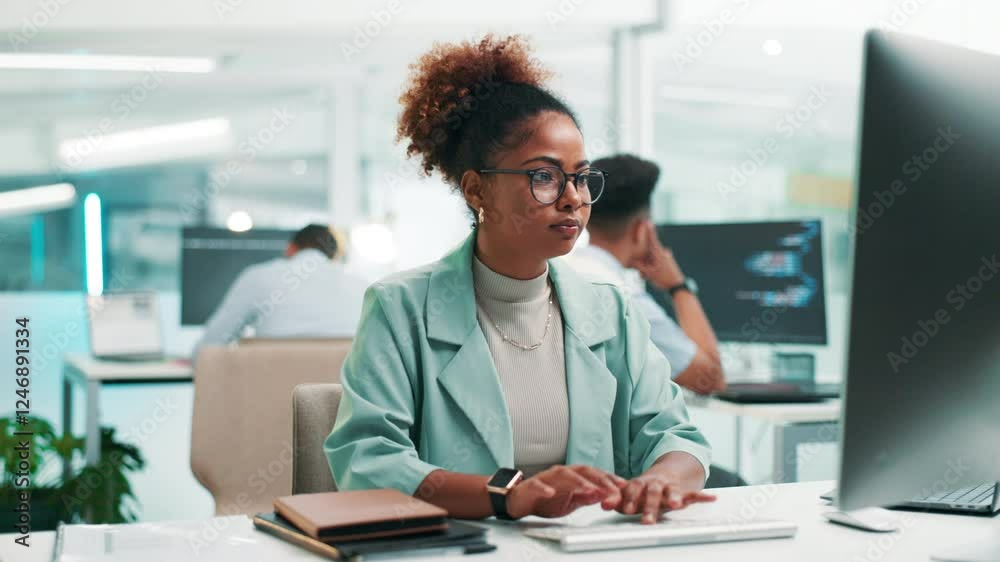 Poster Woman, software developer or typing with computer for app development or coding at office desk. Female person, programmer or coder with glasses or technology for UI, UX or AI programming at workplace