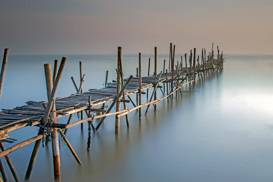 Bamboo pier on a beach, Tanjung Kait, Mauk District, Tangerang Regency, Banten, West Java, Indonesia