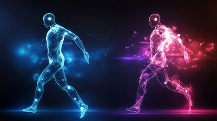 Futuristic glowing human figures in motion.