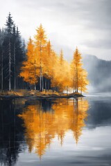 Autumnal Forest Reflections on Calm Lake Water with Misty Mountains in the Background