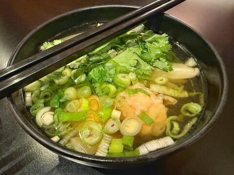 Close-up of a bowl of Asian Won Ton soup with  pak choi, coriander and spring onions