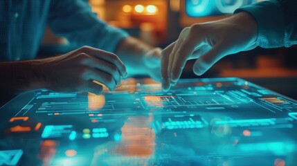 Two hands touching on a digital tablet displaying information or content