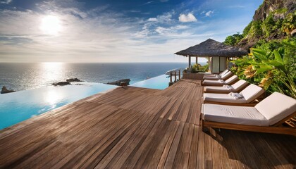 Fototapeta premium Vibrant summer getaway with stunning ocean views and relaxing lounge chairs