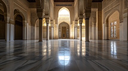Empty Marble Mosque Hallway With Grandeur Arched Entry and Elaborate Islamic Architecture : Generative AI