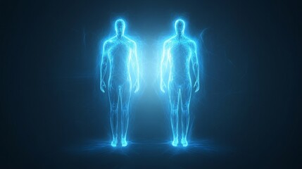 Futuristic holographic human figures, glowing insights.
