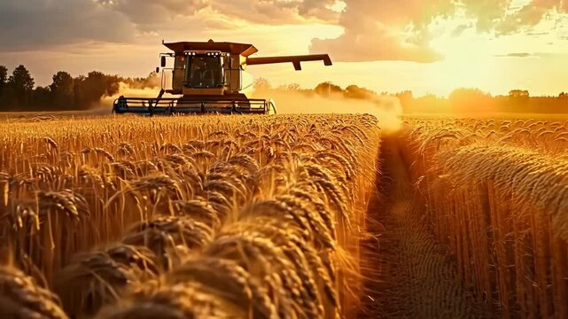 Seasonal wheat harvest by combine, concept of agricultural business, eco products
