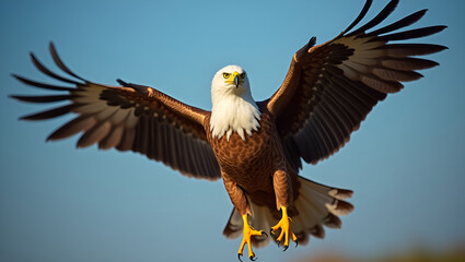Obraz premium Majestic eagle soaring through the sky with its wings spread wide, sharp eyes.