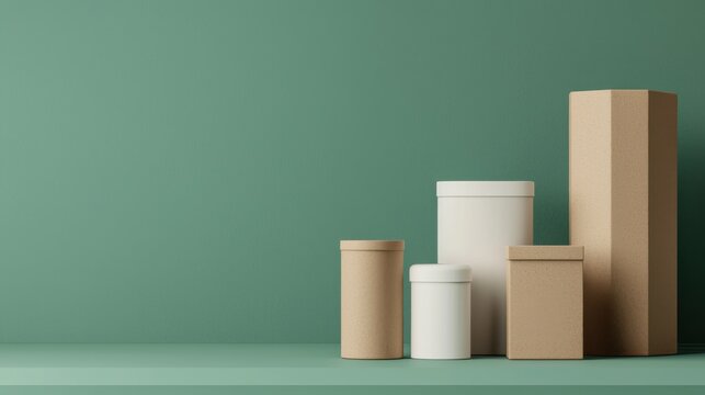 Minimalistic display of various cylindrical and rectangular containers on a soft green background, highlighting simplicity and modern design.