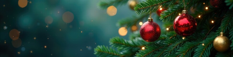 Fototapeta premium towering fir branches adorned with sparkling glass baubles, sparkling glass baubles, majestic tree limbs