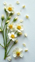 Tiny white horehound flowers scattered on a clean surface, petals, herb, dried