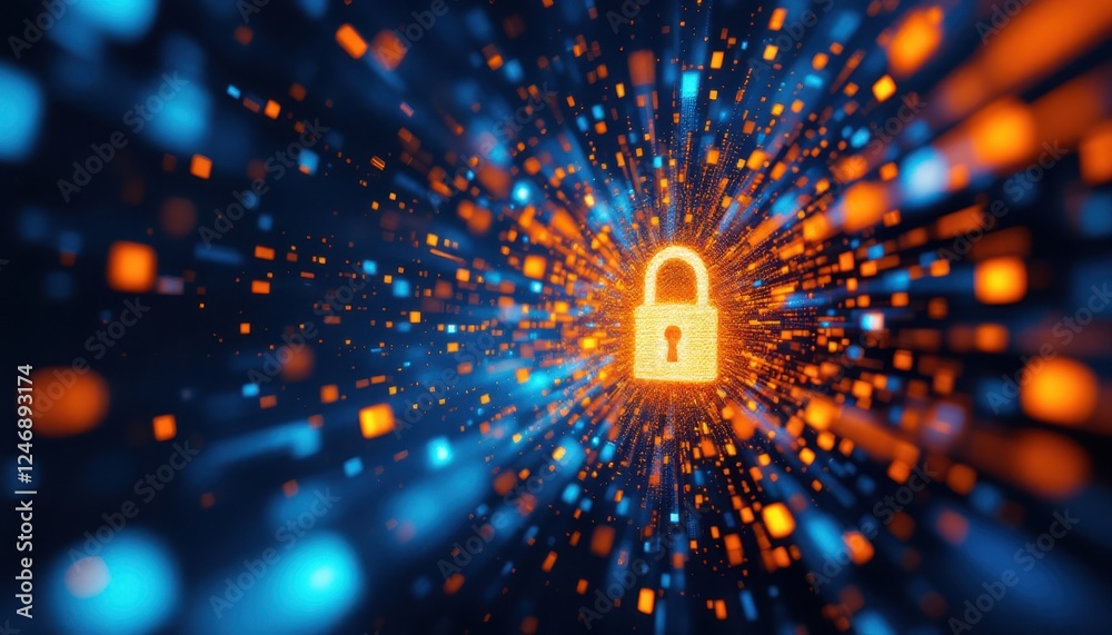 Poster digital data security with glowing lock symbol on dynamic network background