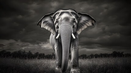 Naklejka premium Black and white photograph of an elephant standing in the dark 