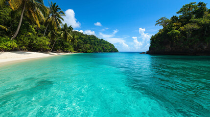 Obraz premium white sand beach surrounded by lush greenery