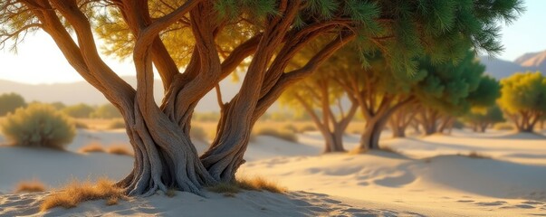 Tamarisk tree trunks grow thick and twisted in sand, plants, wildlife, tamarix