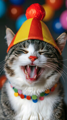 copy space banner, April Fools Day, funny cat in a clown hat, circus performer, trained animal, wide smile and laughter