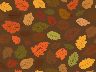 Autumn Leaves Seamless Pattern: A vibrant and enchanting seamless pattern featuring an array of colorful autumn leaves in various shades of red, orange, yellow, brown and green.