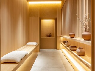 A hallway with a bench and a shelf with vases