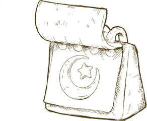 Hand-drawn illustration of a Ramadan gift box with crescent moon and star