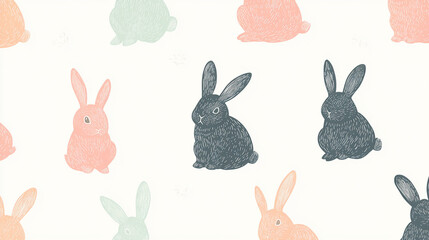 Silhouetted rabbit pattern composed in warm and neutral shades, artistic textile design celebrating Easter and wildlife themes