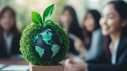 Close-up of a group of Asian businesspeople discussing ESG strategies and risk management in a workshop focused on sustainable development goals and green finance.