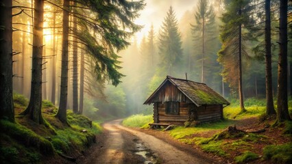 Minimalist Rustic Wooden Cabin in Picturesque Forest - Hand-Drawn Style Stock Photo