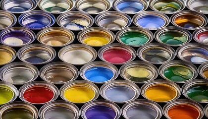 Fototapeta premium Colorful paint cans arranged in a neat grid showcasing vibrant hues and textures