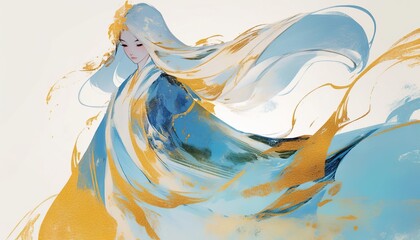 Woman in flowing blue and gold robe, windswept hair, ethereal background, digital art