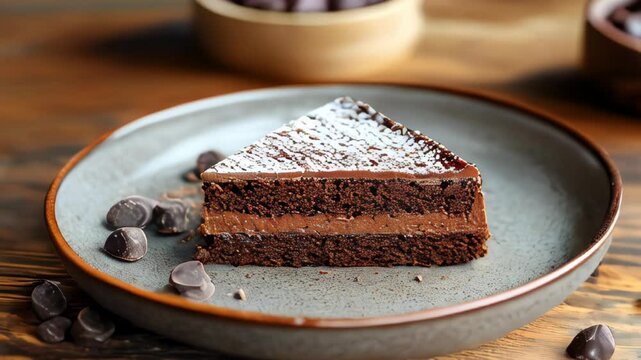 Plate with slice of tasty homemade chocolate cake on table