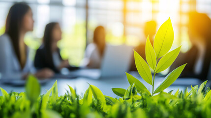 Close-up of a group of Asian businesspeople discussing ESG strategies and risk management in a workshop focused on sustainable development goals and green finance.