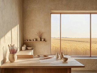 A window with a field in the background