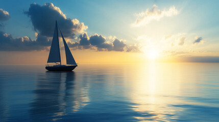 Sailboat on a Calm Ocean at Sunset &ndash; Serene Nautical Scene with Golden Reflections