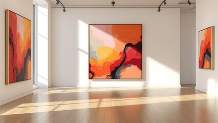 Modern art gallery with large abstract paintings displayed on white walls, illuminated by natural light from large windows.