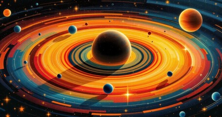 Obraz premium Colorful abstract illustration of a vibrant planetary system with rings and moons in space