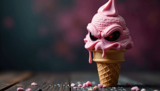 Sinister ice cream cone with an unblinking stare, ice cream, dessert, cold