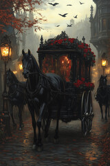 A Victorian black horse-drawn hearse decorated with red roses and black silk ribbons, moving through a misty cobblestone street with vintage lanterns. A classic funeral tribute
