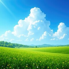 Obraz premium Serene landscape under the vast blue sky and white puffy clouds, serene, idyllic