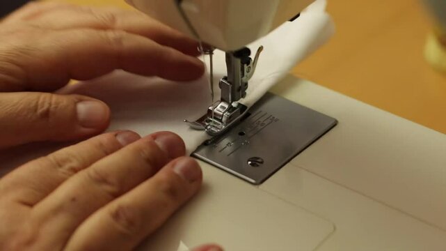 maquina de coser el&eacute;ctrica, cosiendo una tela blanca