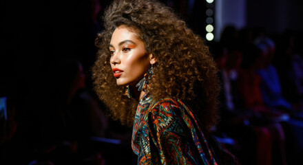 Fototapeta premium Model showcasing vibrant fashion with stunning curly hair and bold makeup