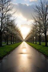 Obraz premium Sunrise over tree-lined pathway with reflective wet road in early spring