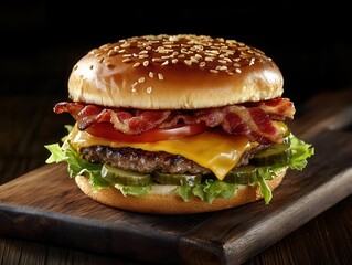 Juicy Bacon Cheeseburger with Fresh Ingredients on Wooden Board