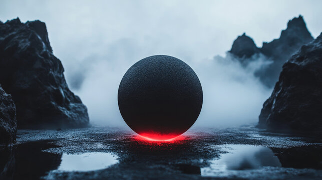 Mysterious black sphere with glowing red base surrounded by rocky terrain and misty atmosphere at twilight