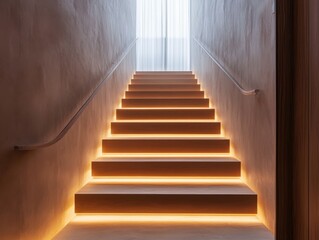 Fototapeta premium A staircase with a railing and a lighted step
